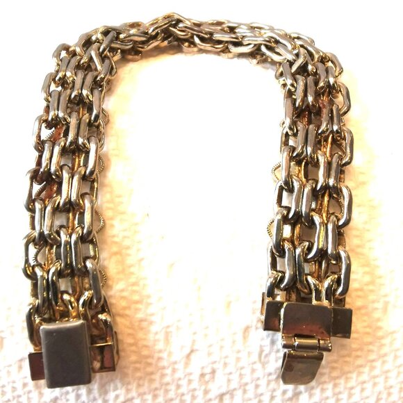 Gold Tone Multi Strand Bracelet Fancy Square Link Filigree Heart 1960s Size Smal - Picture 2 of 6
